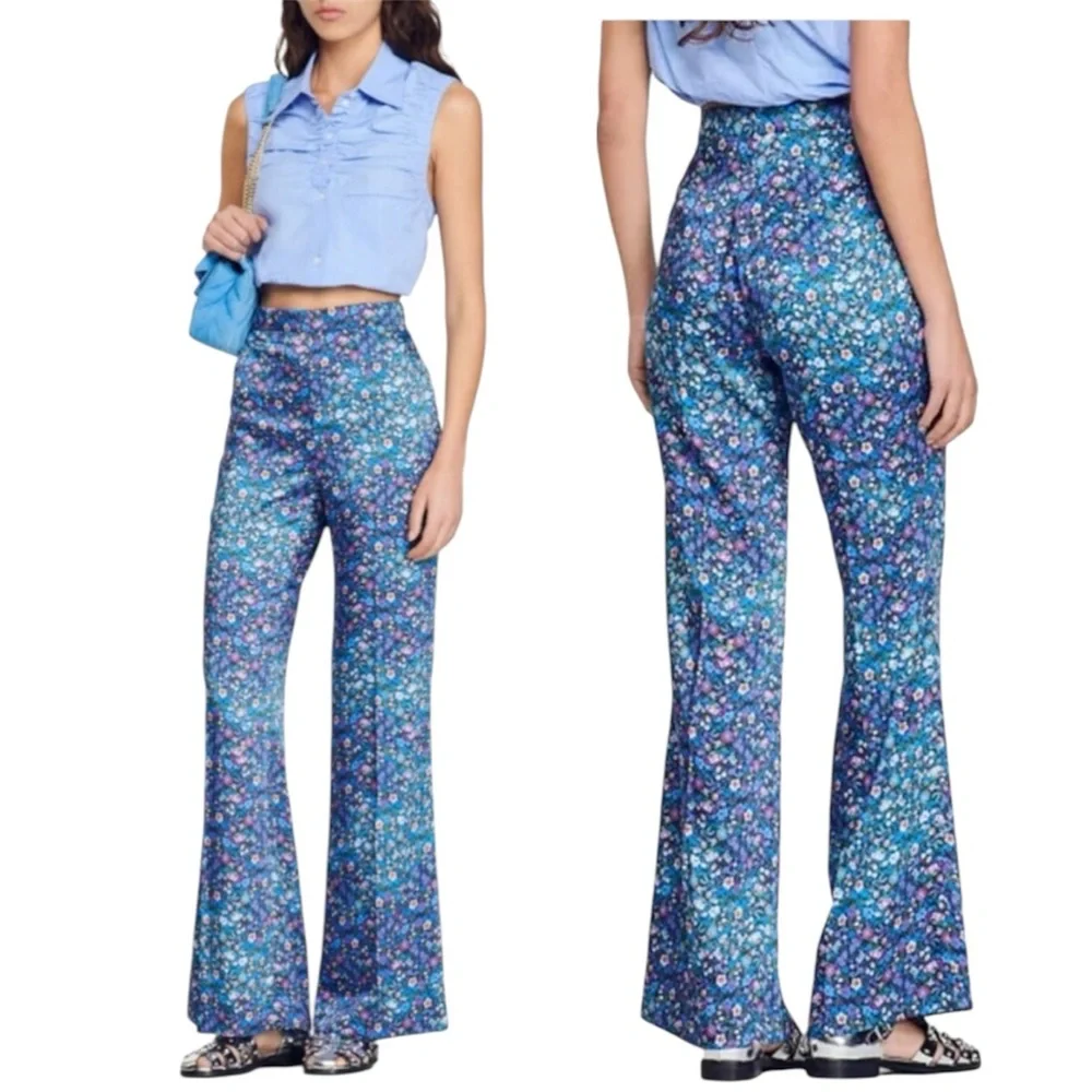 NWT Sandro Donelo Satin Floral Flare Pants in Blue Multi Size XS - Picture 3 of 13